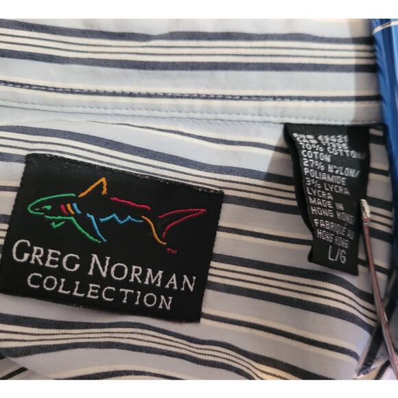 Greg Norman Pinstripe Button Down Shirt L Shark Logo Light Blue Golf Preppy - Picture 5 of 10